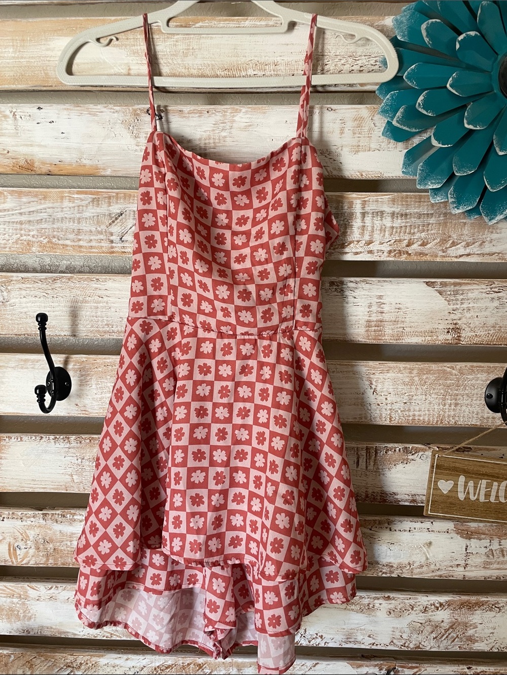 Fashion Nova checkered romper with floral pattern Size Small Peachy Pink